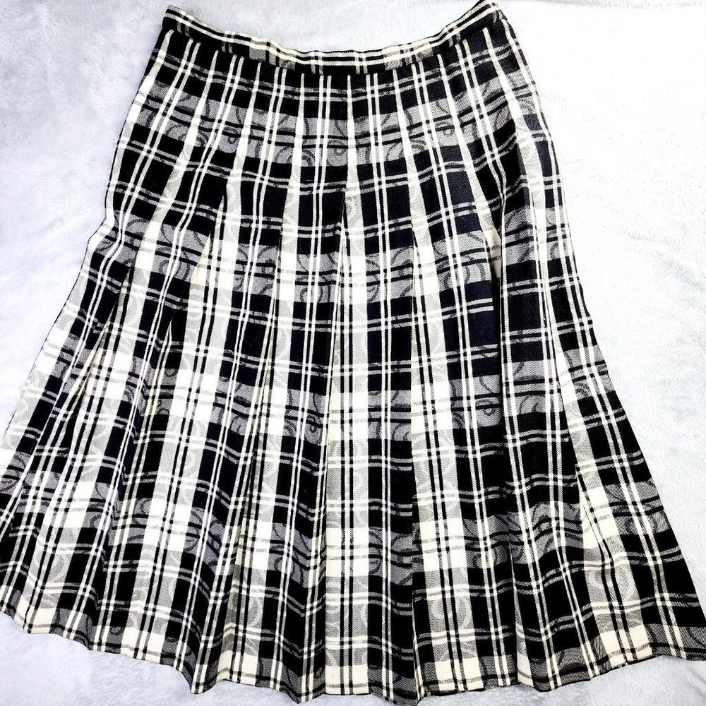 Vintage Pendleton Virgin Wool Midi Skirt Women 18 Black Plaid Pleated USA Office - Picture 1 of 11